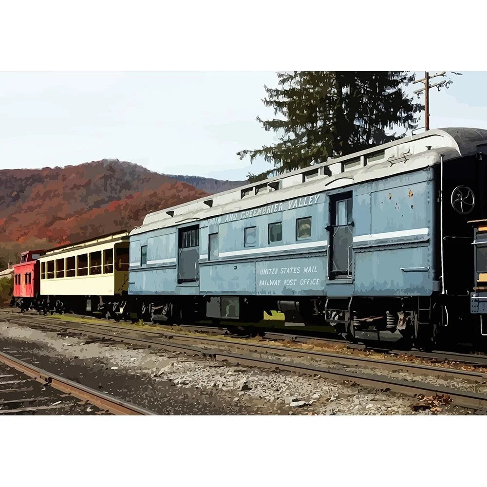 red diesel locomotive with wagons abstract figurative print