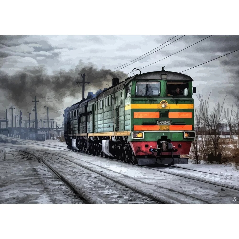 diesel locomotive riding without wagons abstract figurative print