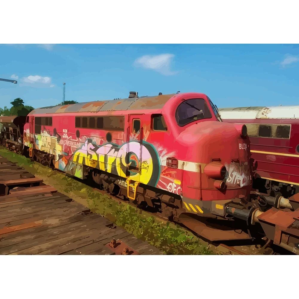 old diesel locomotive with grafitti in trainyard abstract figurative print