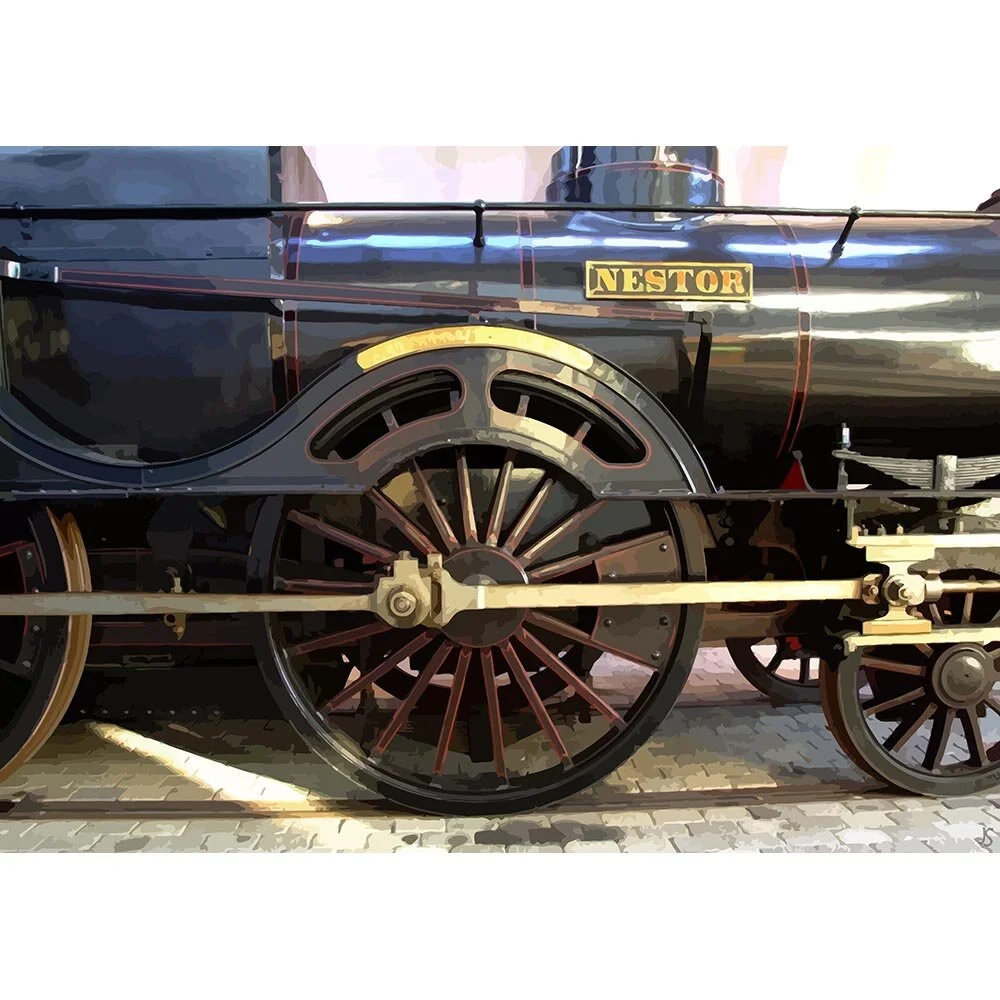 historic nestor steam locomotive abstract figurative print