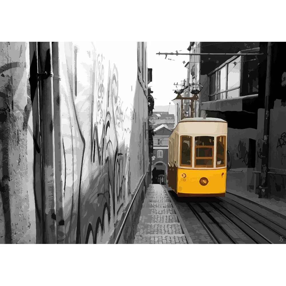 oldtimer tram in narrow street abstract figurative print
