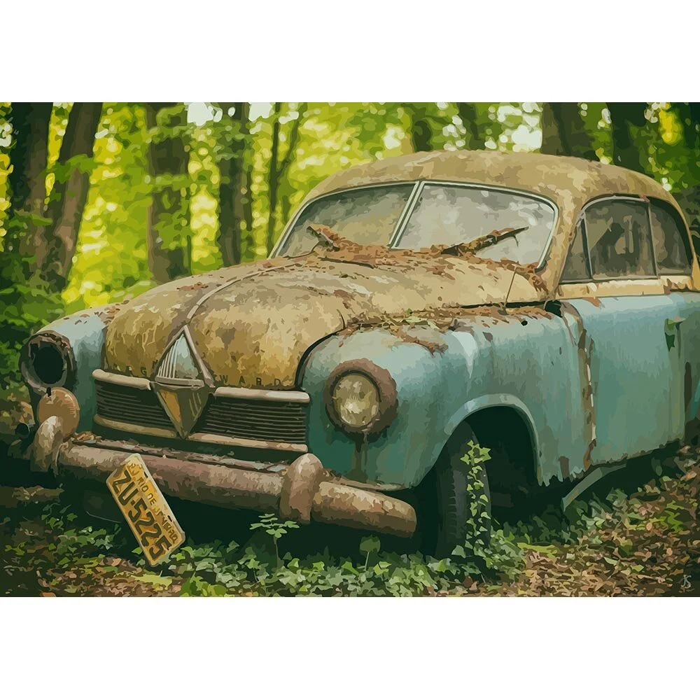 wreck of an oldtimer in a forest abstract figurative print