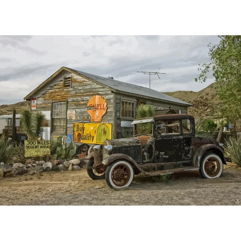 oldtimer at a historic shell gas station in arizona abstract figurative print