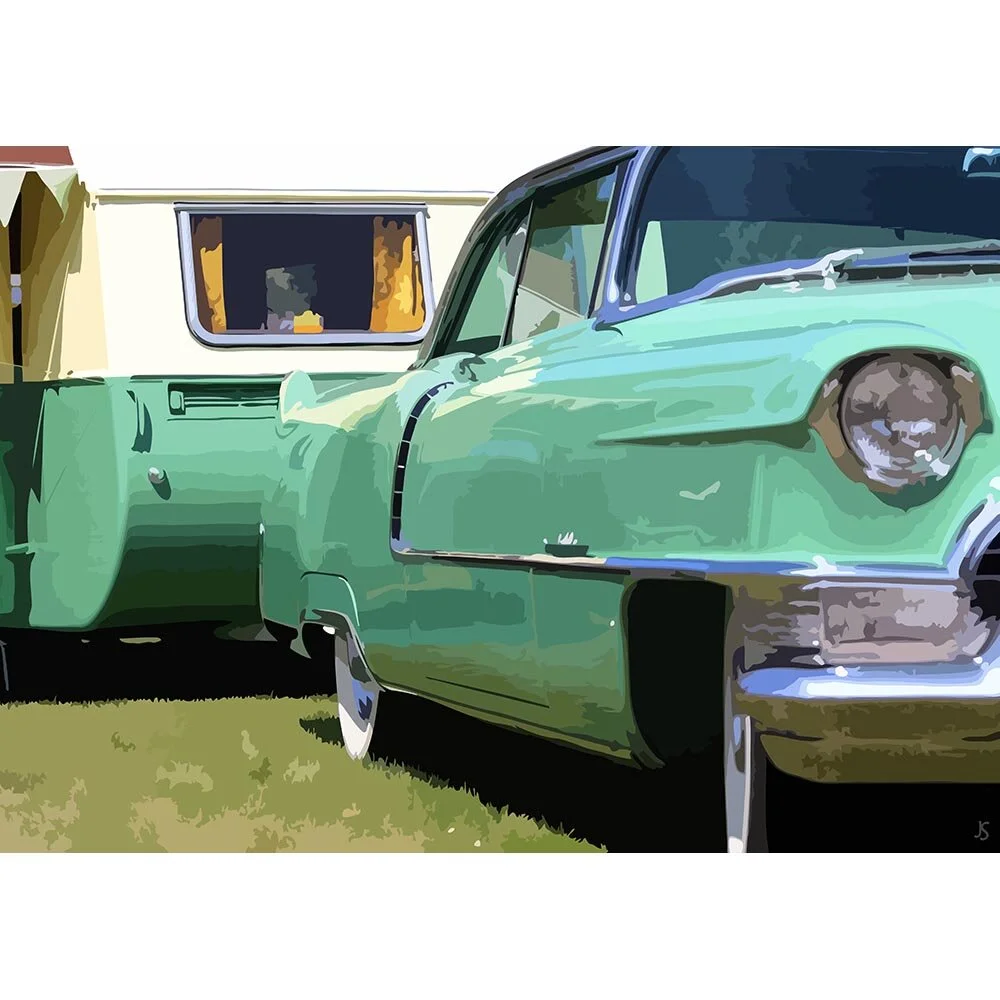 mint green vintage oldtimer with camping trailer abstract figurative print