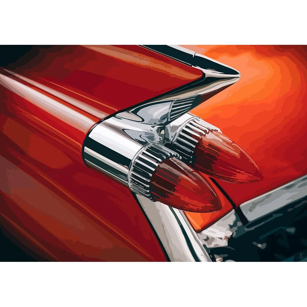 taillight and fins of a red cadillac coupe 1959 vintage oldtimer abstract figurative print