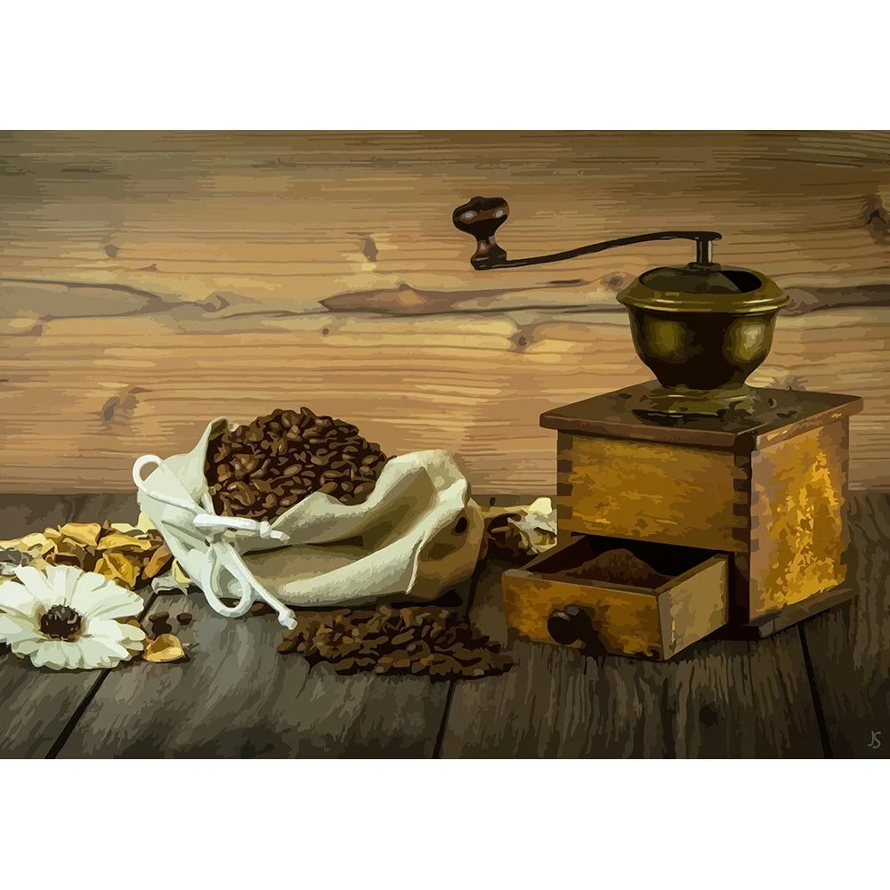 antique coffee grinder on a wooden table abstract figurative print