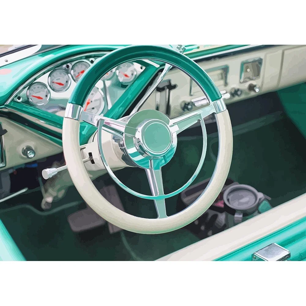 dashboard of mint green vintage oldtimer abstract figurative print
