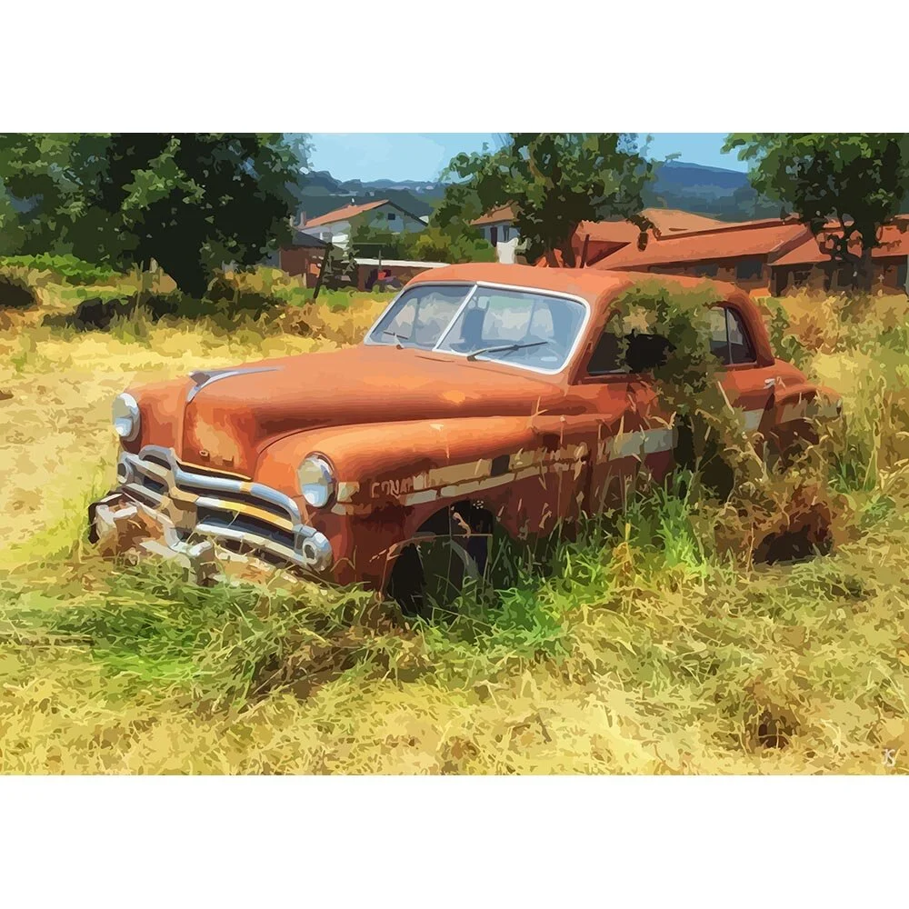 wreck of a dodge oldtimer in a field abstract figurative print
