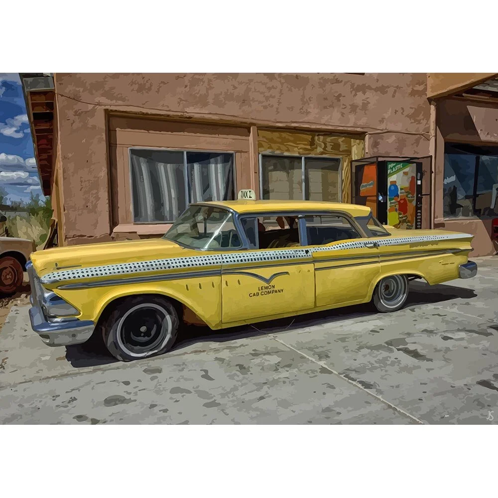 edsel ranger 1959 yellow cab vintage oldtimer abstract figurative print