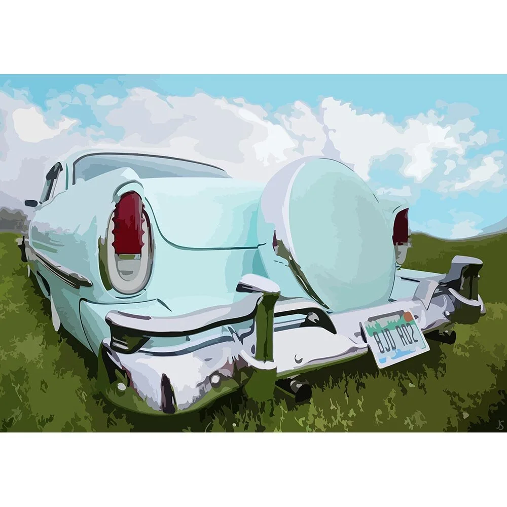 mint green lincoln continental vintage oldtimer abstract figurative print