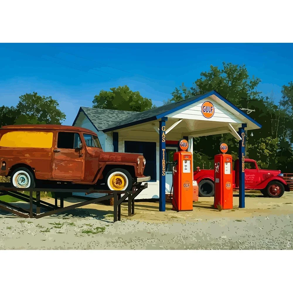 historic gulf gas station vintage oldtimer abstract figurative print