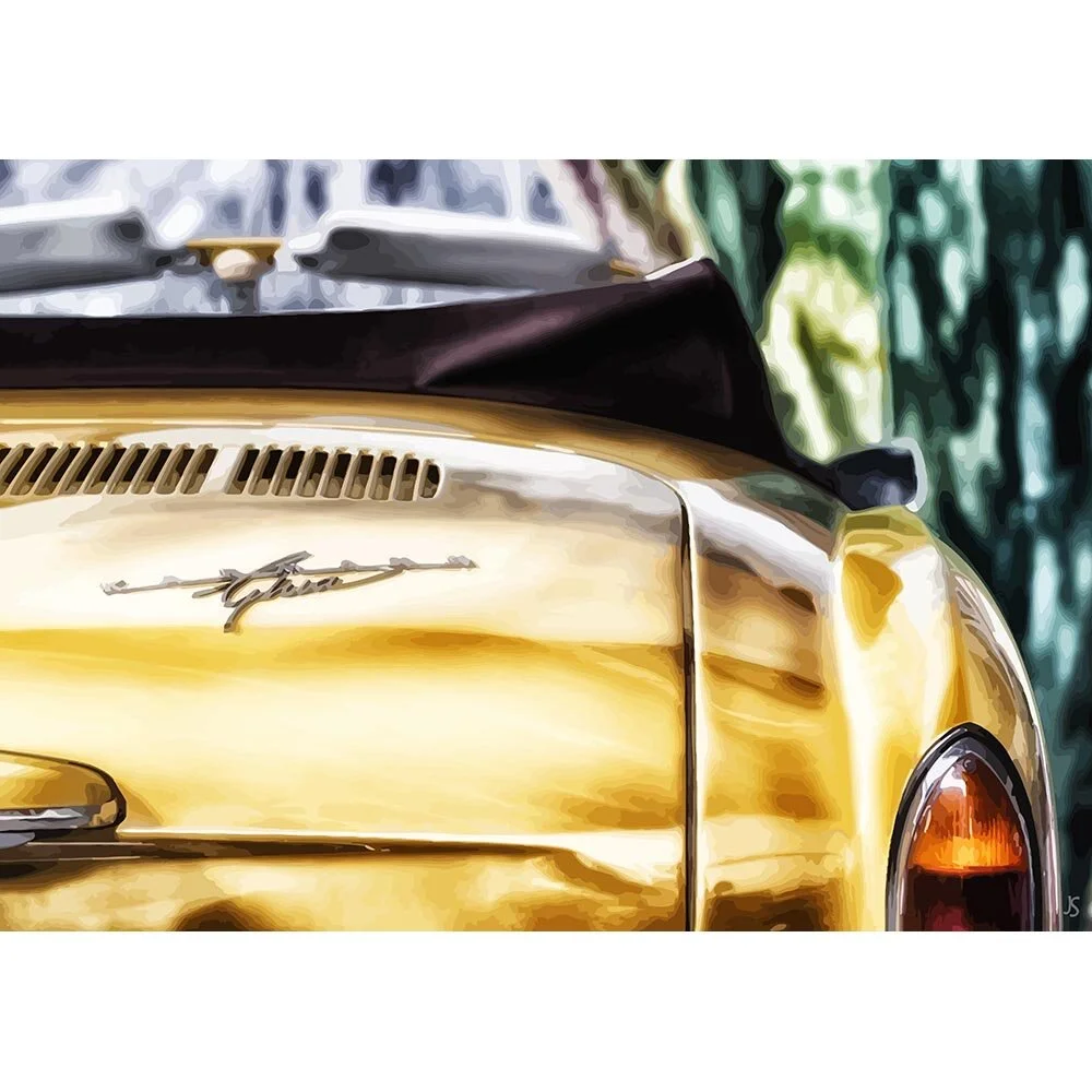 yellow volkswagen karmann ghia back side vintage oldtimer abstract figurative print