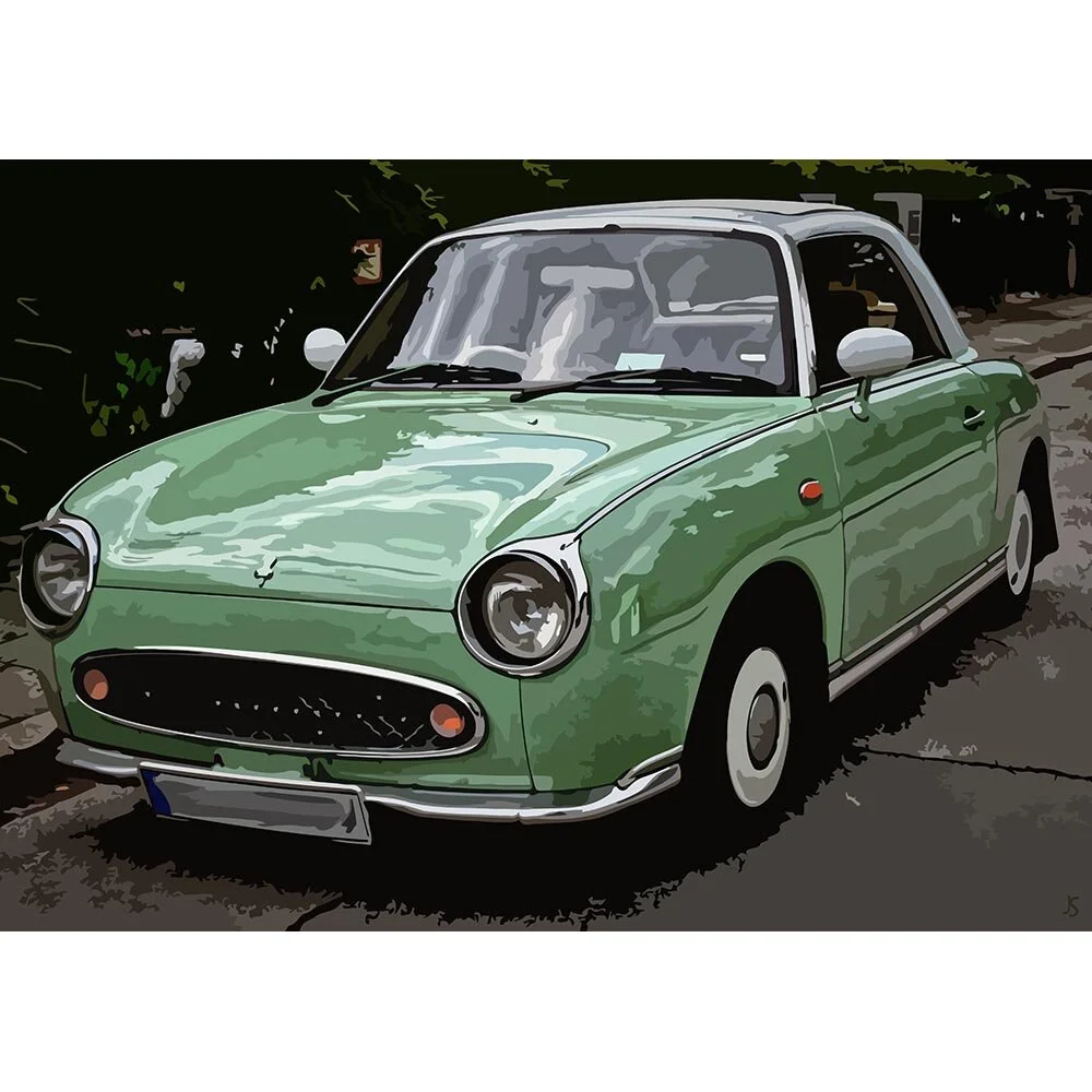 mint green nissan figaro vintage oldtimer abstract figurative print