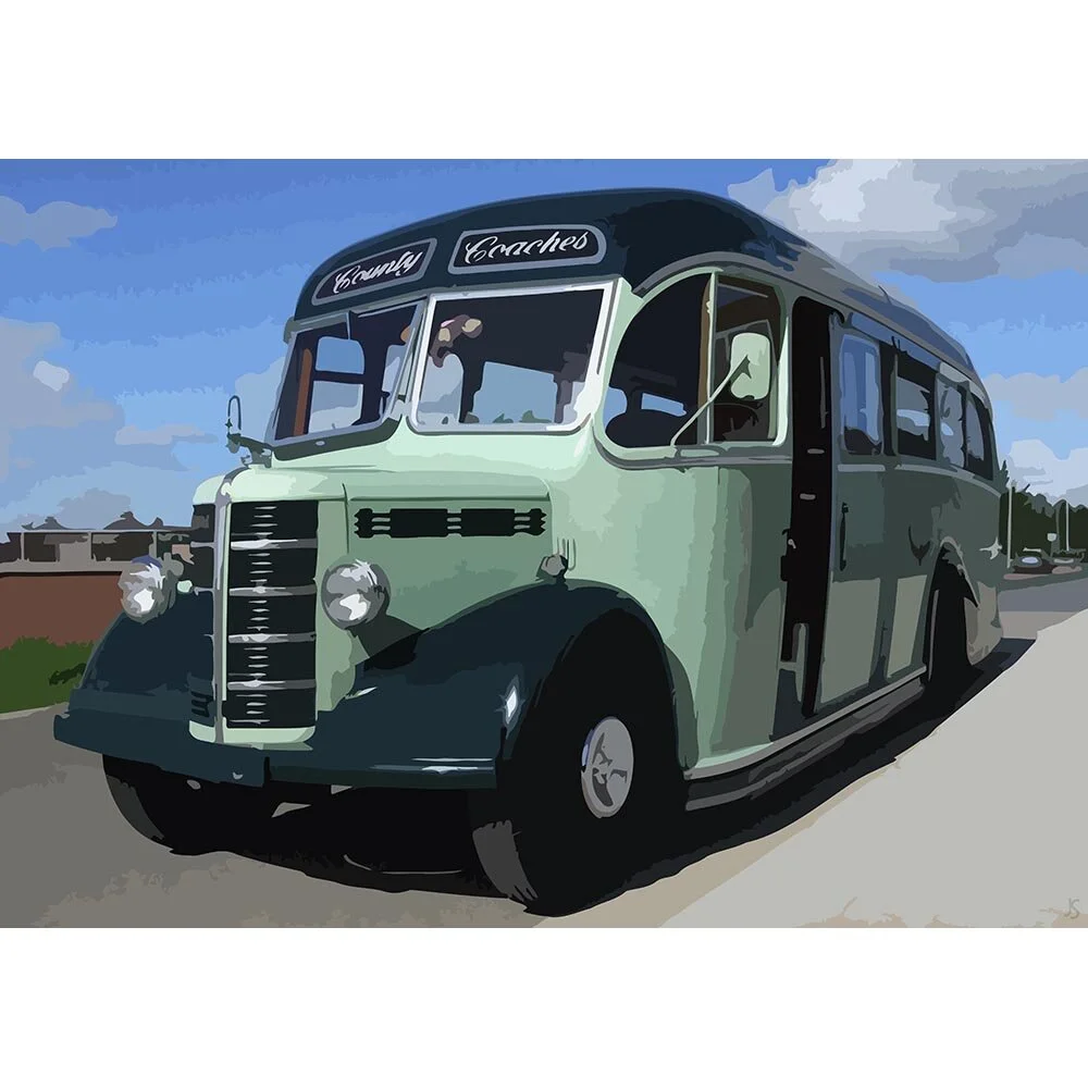 green vintage bus oldtimer abstract figurative print