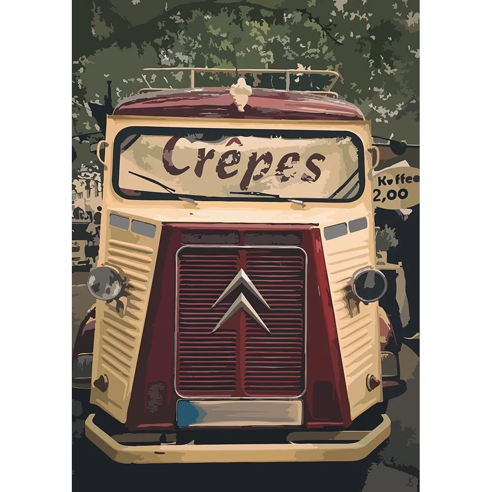 red and beige citroen van vintage oldtimer abstract figurative print