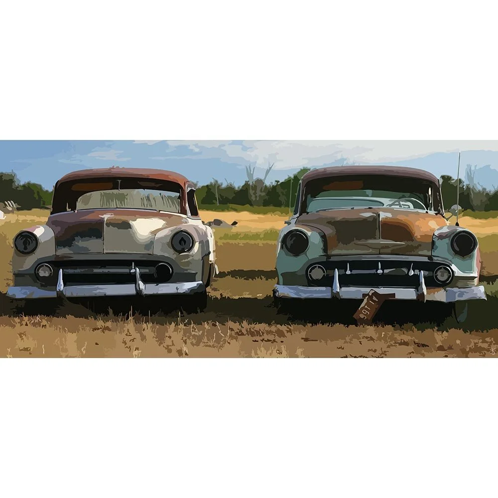 two wrecked oldtimers in a field abstract figurative print