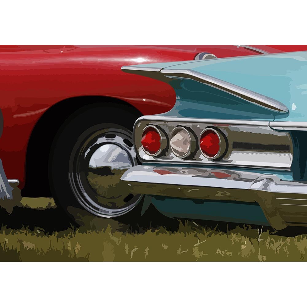 taillight and fins of a mint green chevrolet impala 1961 vintage oldtimer abstract figurative print