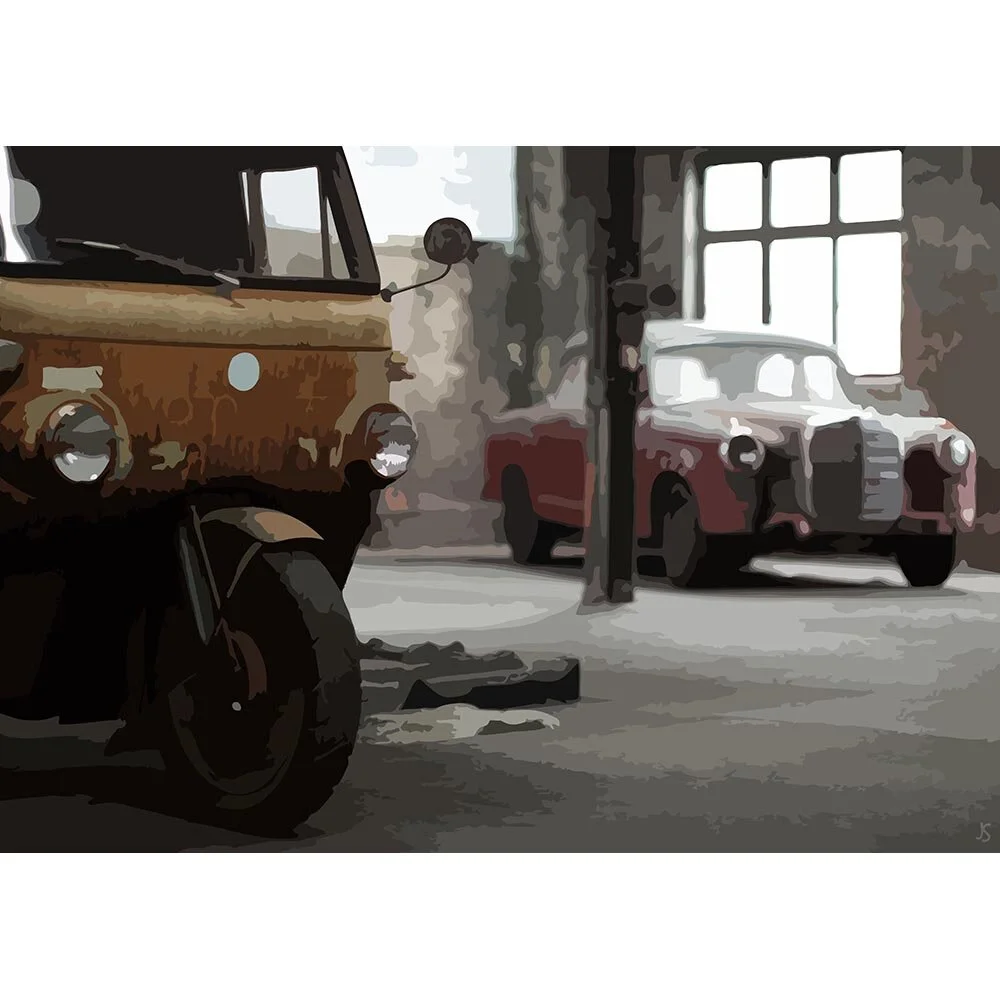 old mercedes benz and tricycle in barn vintage oldtimer abstract figurative print