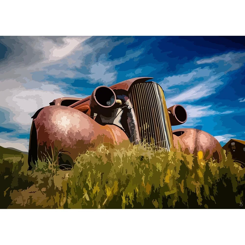 wrecked oldtimer in a field abstract figurative print