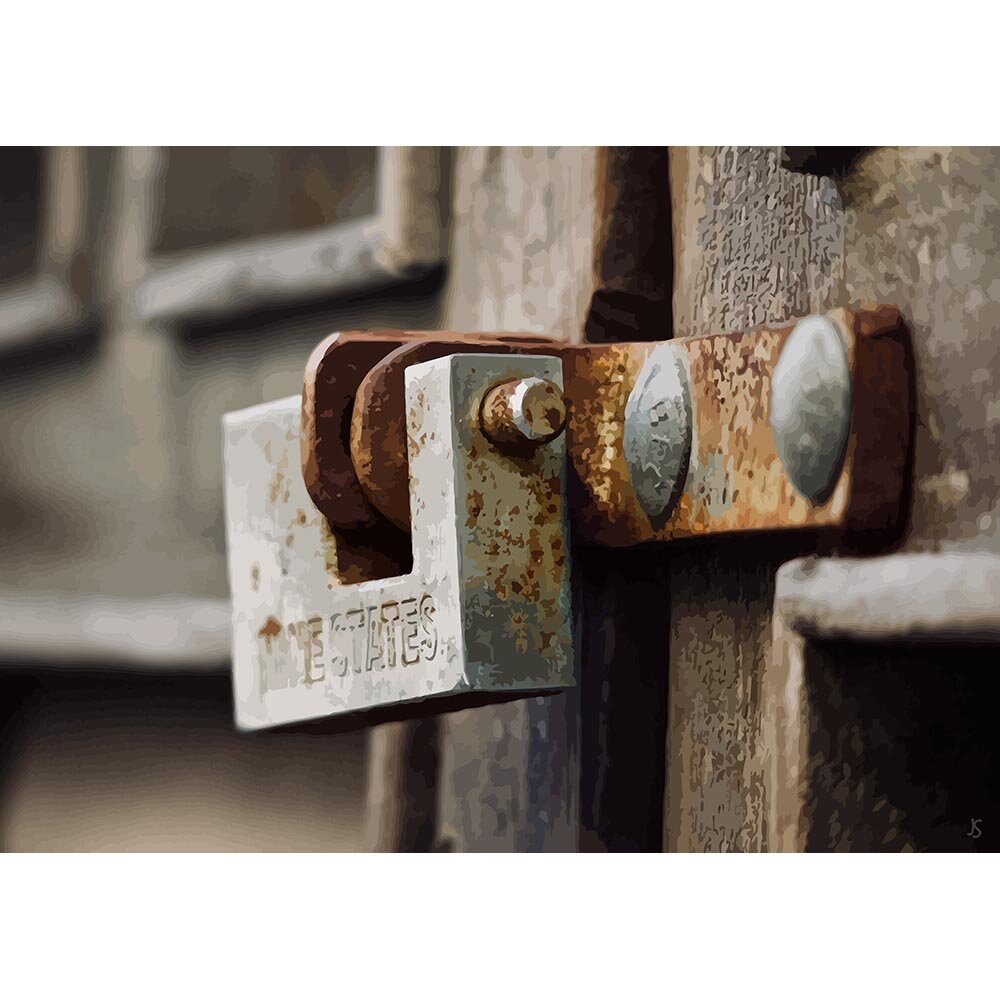 weathered wooden door with a rusty metal padlock abstract figurative print