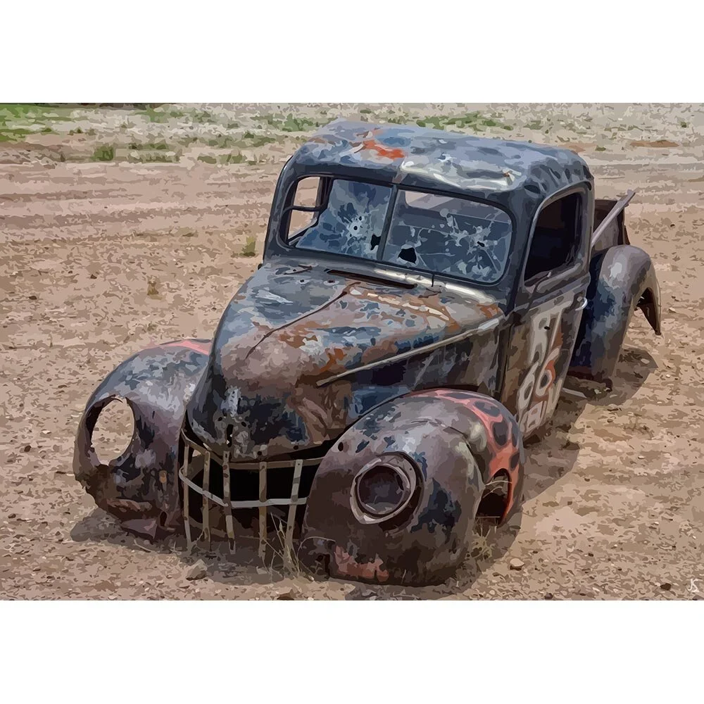 totally wrecked flatbed truck in a field vintage oldtimer abstract figurative print