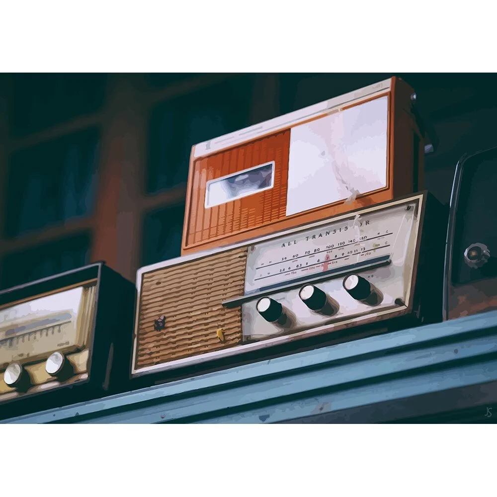 transistor radio and cassette player vintage abstract figurative print