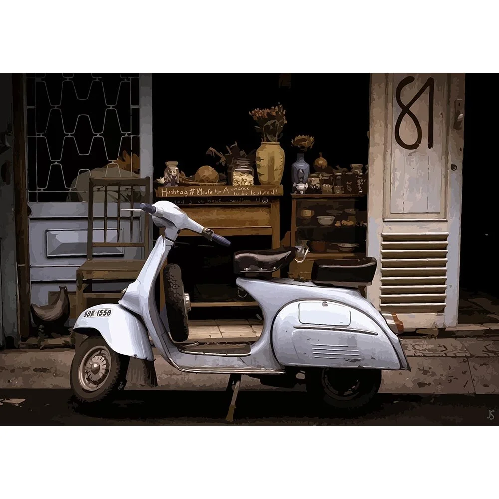 vintage silver scooter oldtimer abstract figurative print