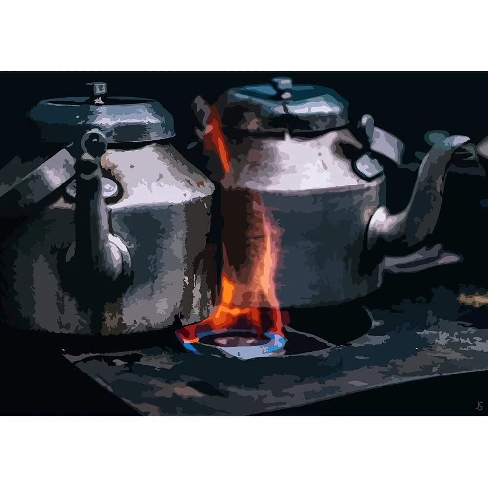 antique kettle and teapot on a burning stove vintage abstract figurative print
