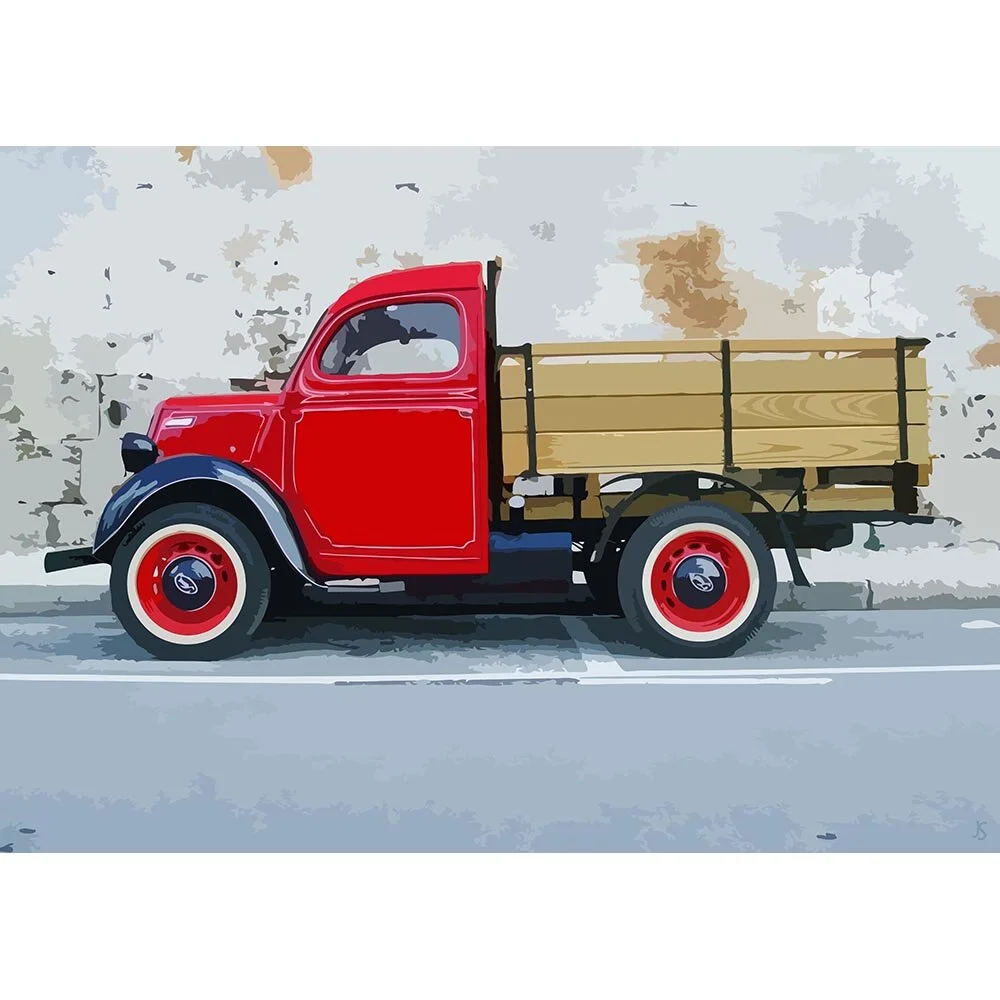 red flatbed truck parked on a street vintage oldtimer abstract figurative print
