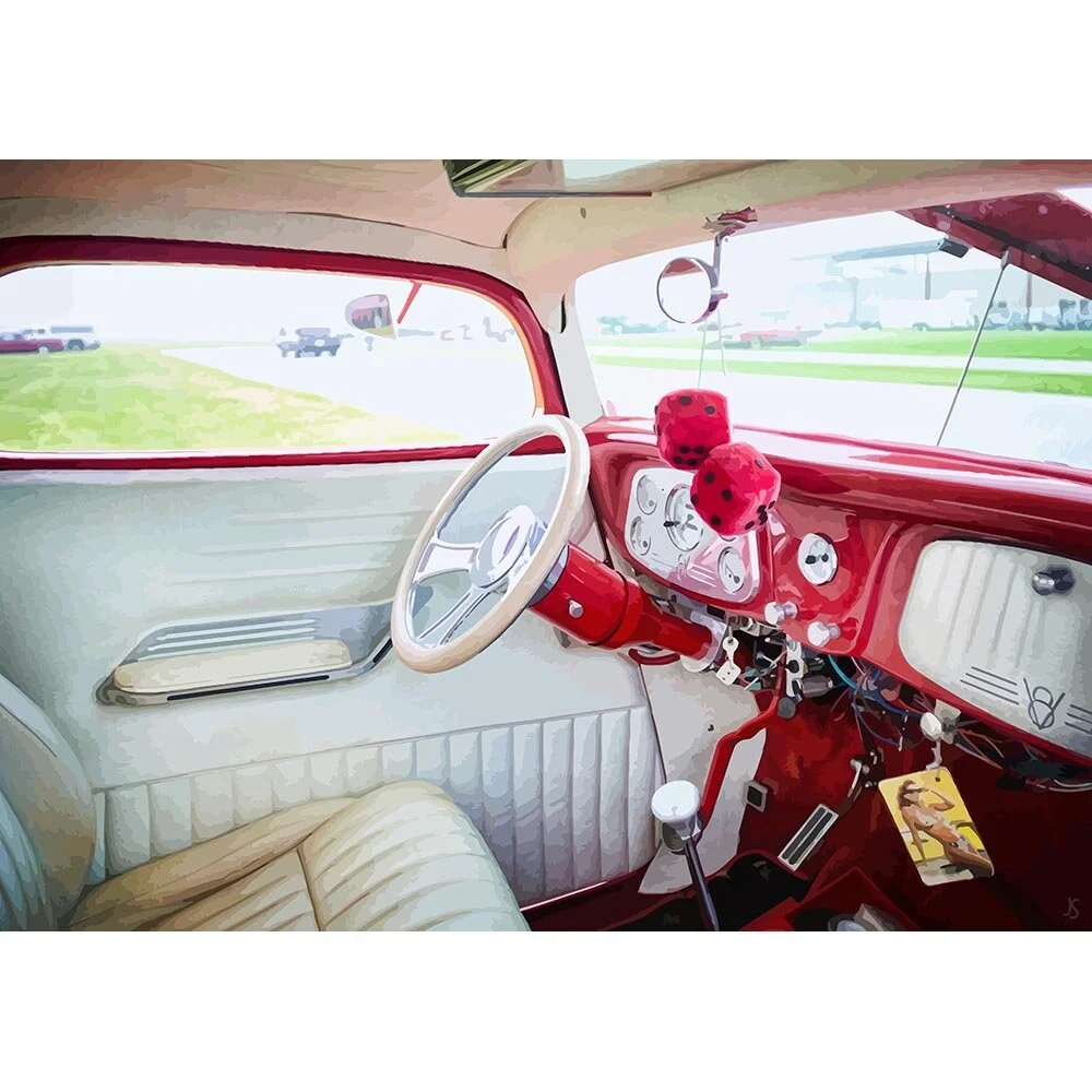 interior of red vintage oldtimer  with dice at mirror abstract figurative print