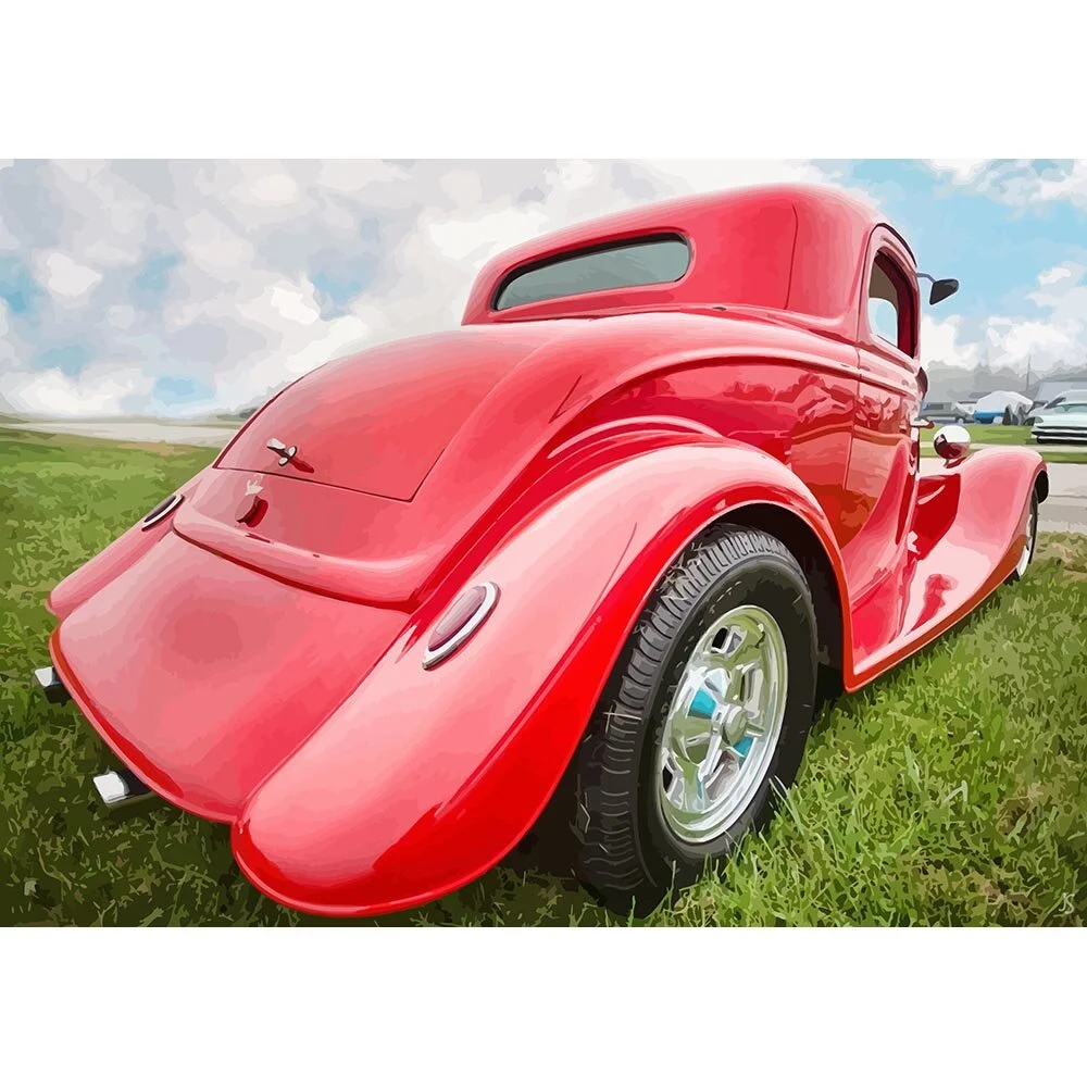 rear of a red custom car with chromed rims vintage oldtimer abstract figurative print