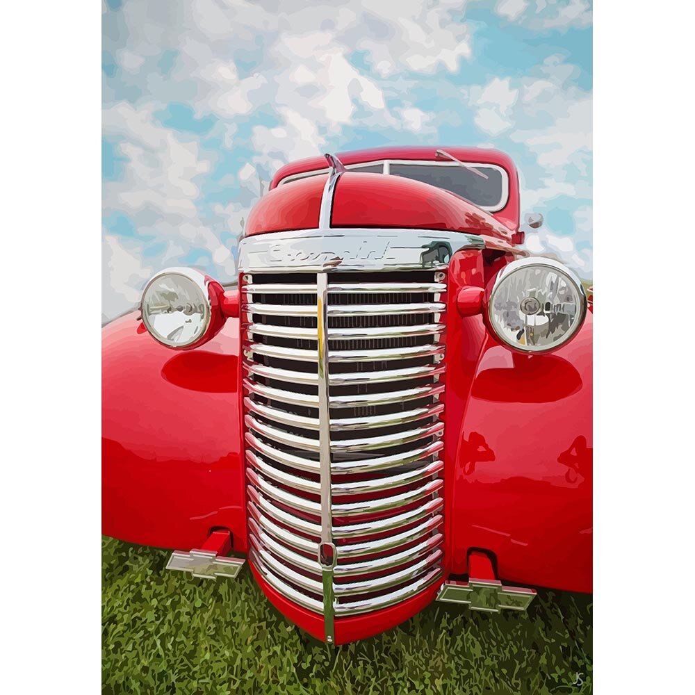 grille of a red vintage chevy oldtimer abstract figurative print