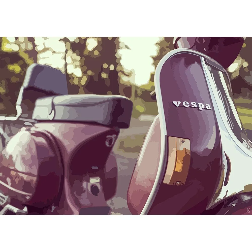 vintage burgundy red vespa scooter abstract figurative print