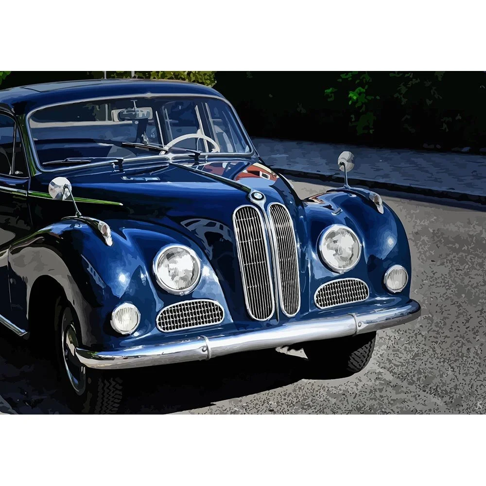 blue bmw 502 1954 vintage oldtimer abstract figurative print