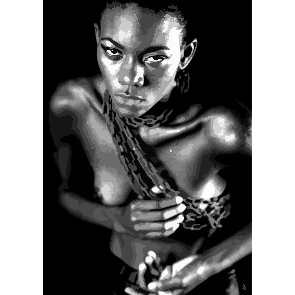 nude woman wearing a chain black &amp; white abstract figurative print