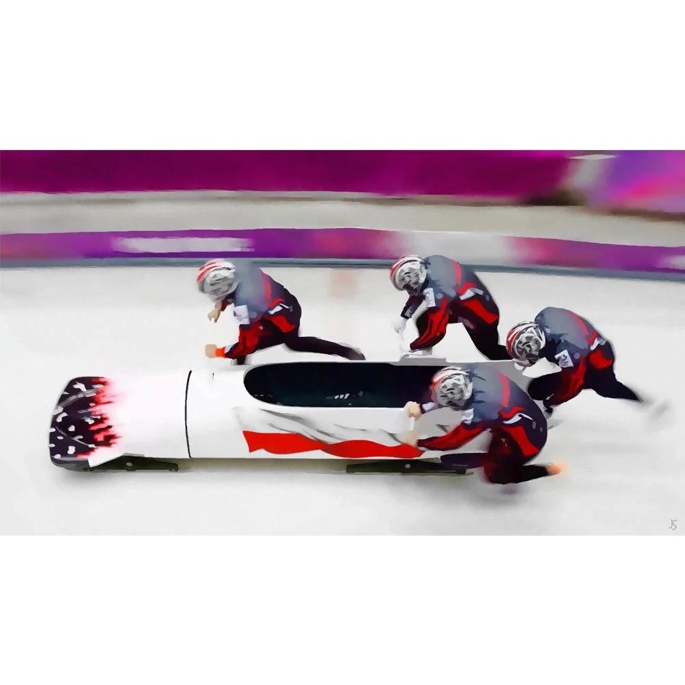 4 man bobsled team start sprint panoramic abstract figurative print