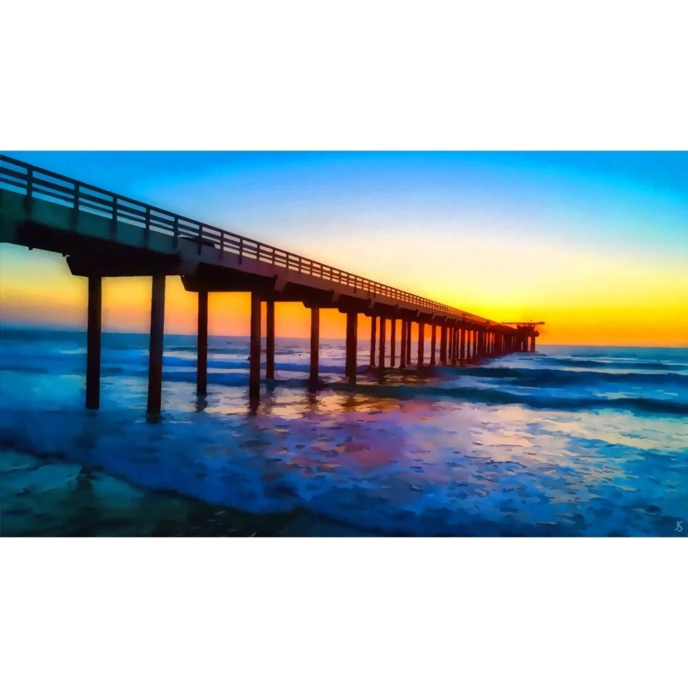 pier on a beach at sunset panoramic abstract figurative print