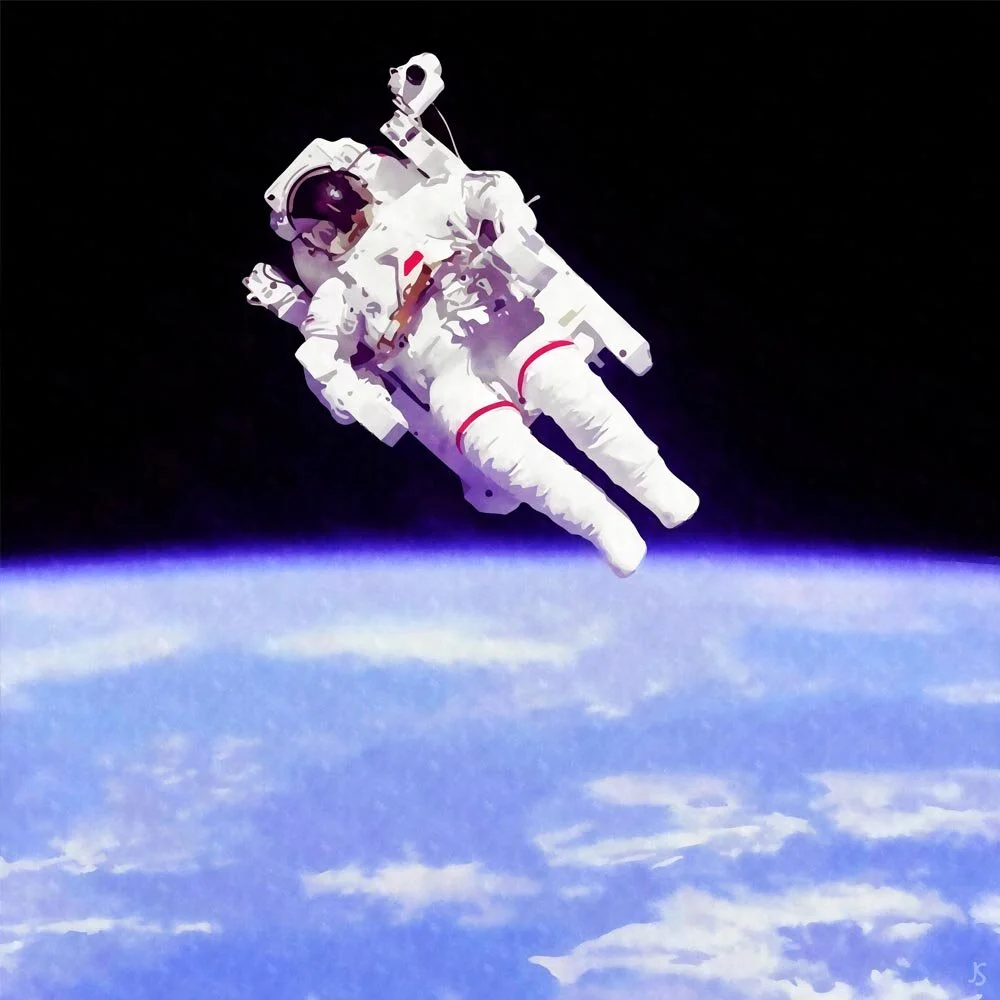 astronaut wearing a jetpack floating in space abstract figurative art print