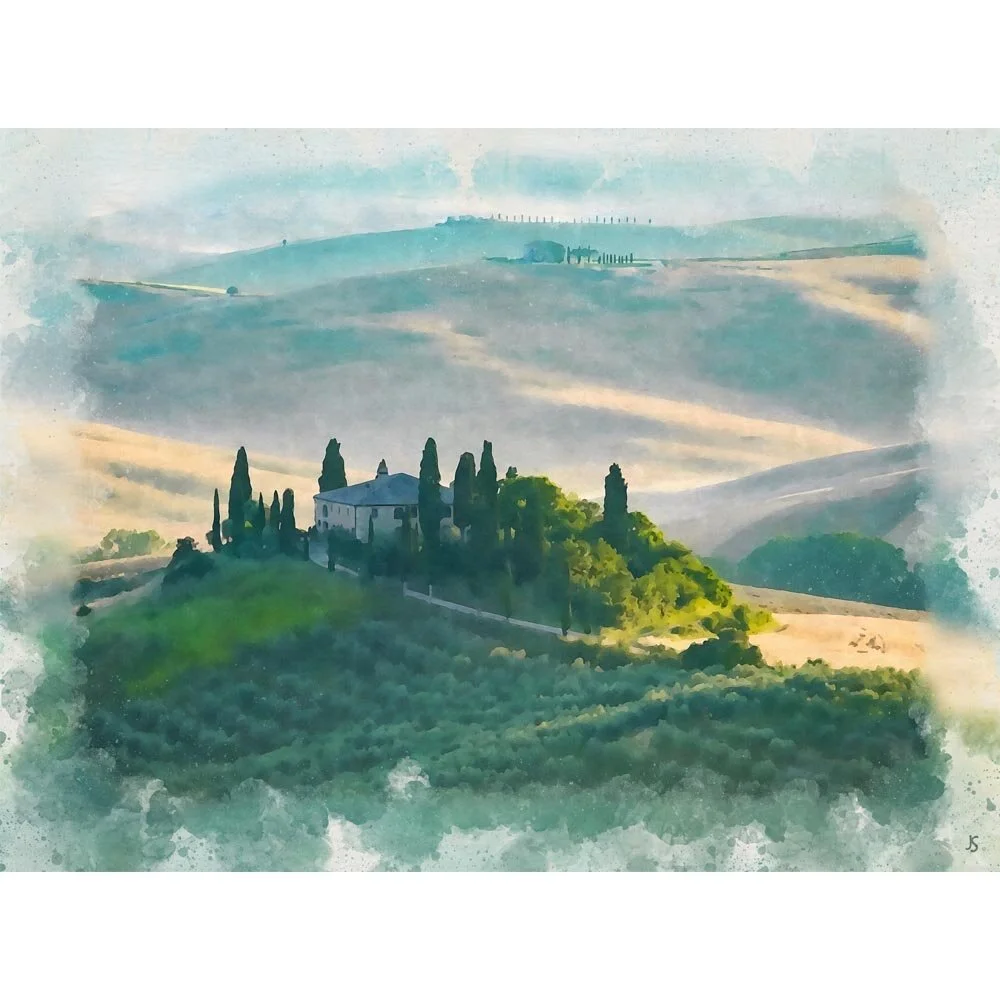 villa on a hill in tuscany abstract figurative painting print