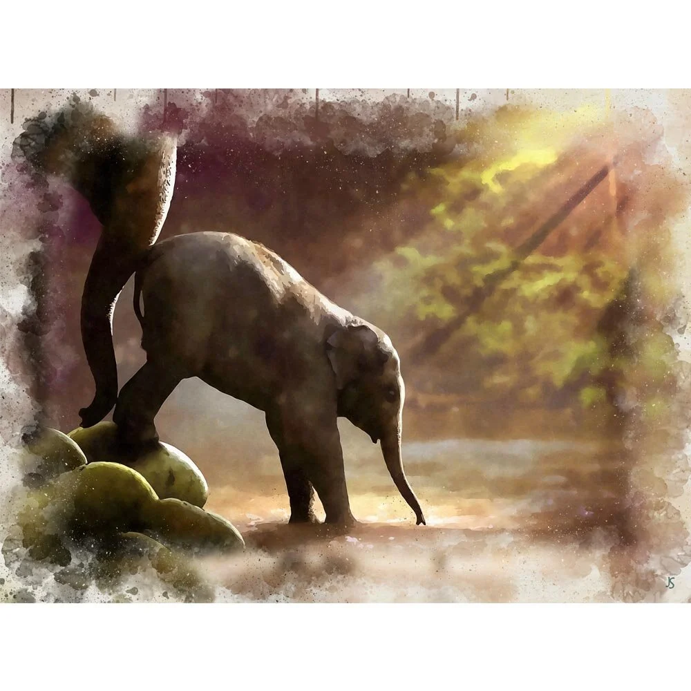 elephant mother with cub taking a bath figurative painting