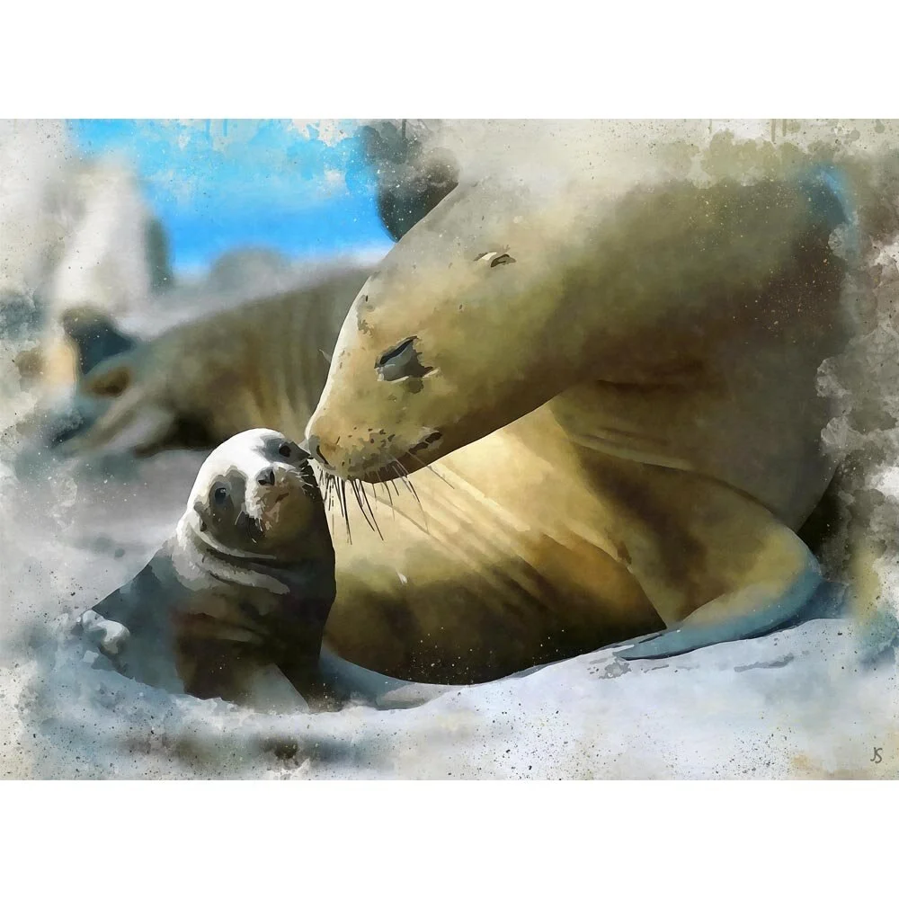 seal mother and cub figurative painting print
