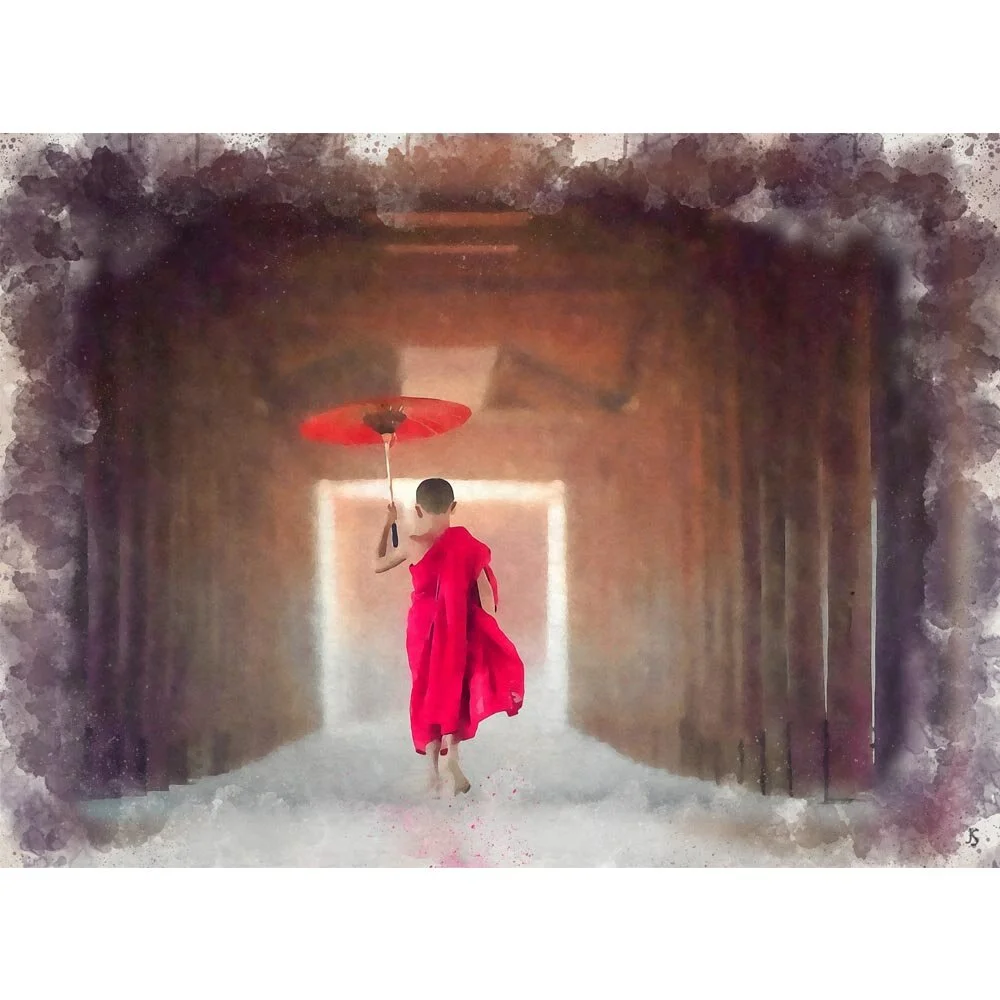 young chinese buddhist student abstract figurative painting