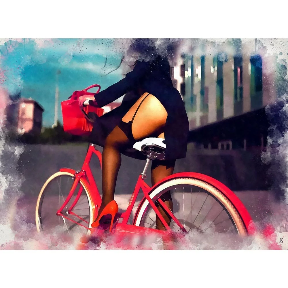 girl on a bicycle wearing stockings abstract figurative painting print