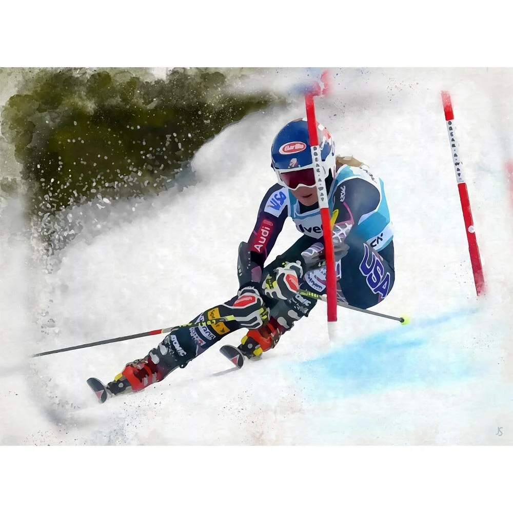 female slalom skier abstract figurative print