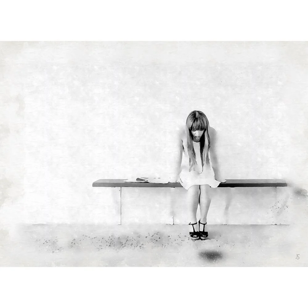 young woman sitting on a bench abstract figurative painting print