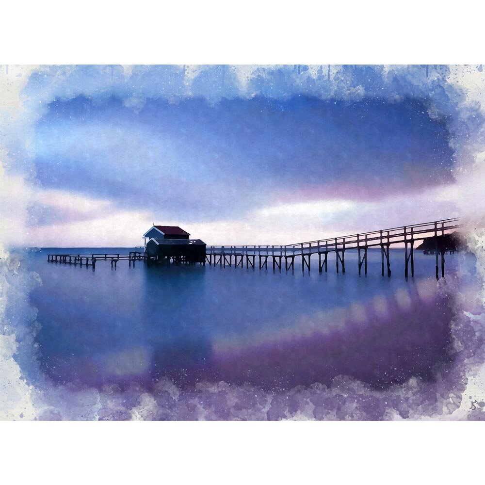 boathouse on the beach at sunset abstract figurative painting print