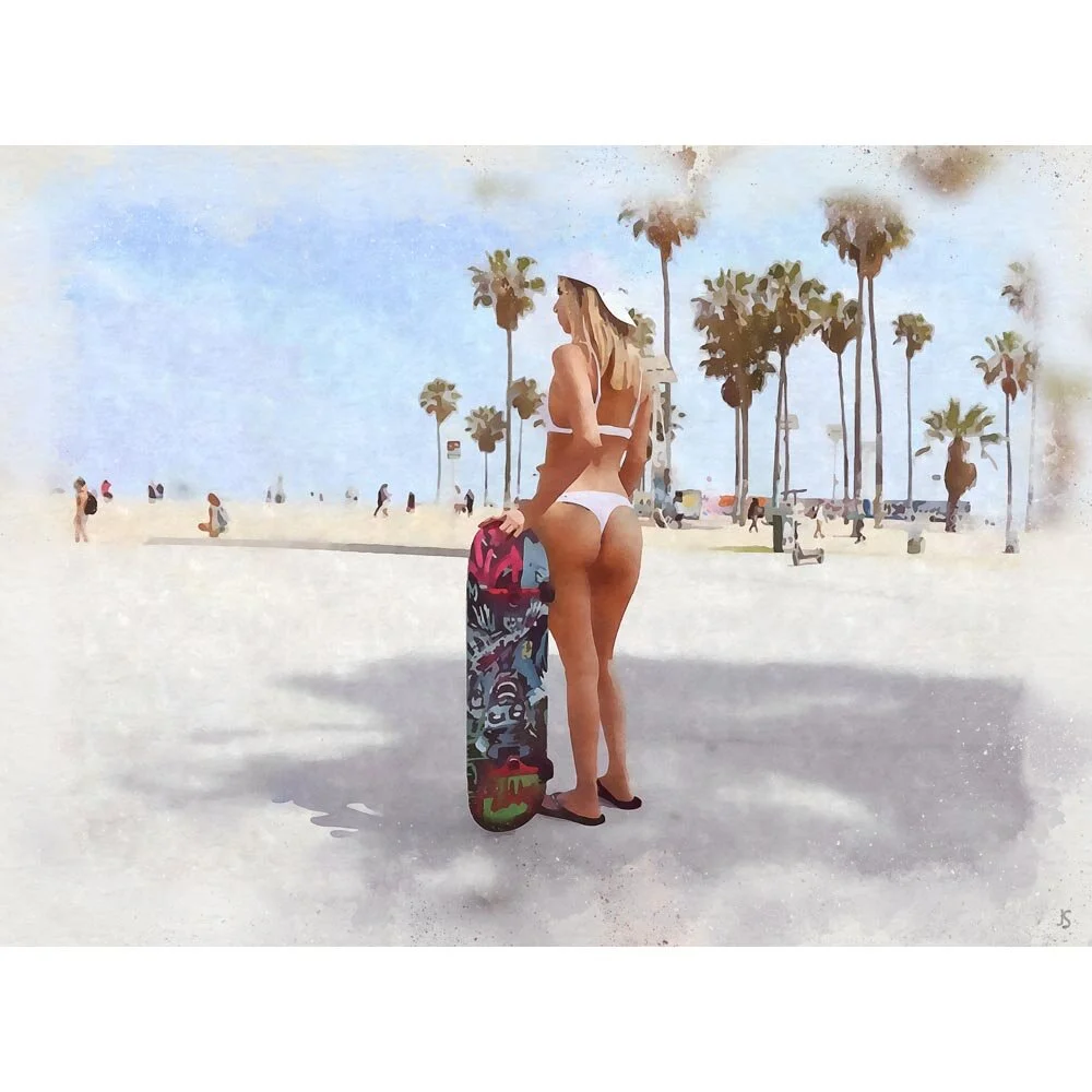 young blonde skater girl in bikini abstract figurative painting print