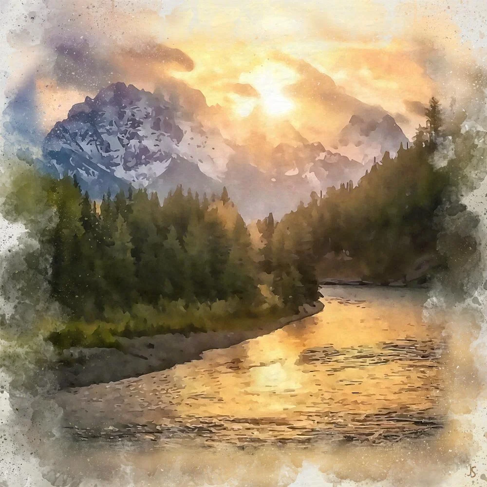 mountain river with snowy peaks at sunset abstract figurative painting print