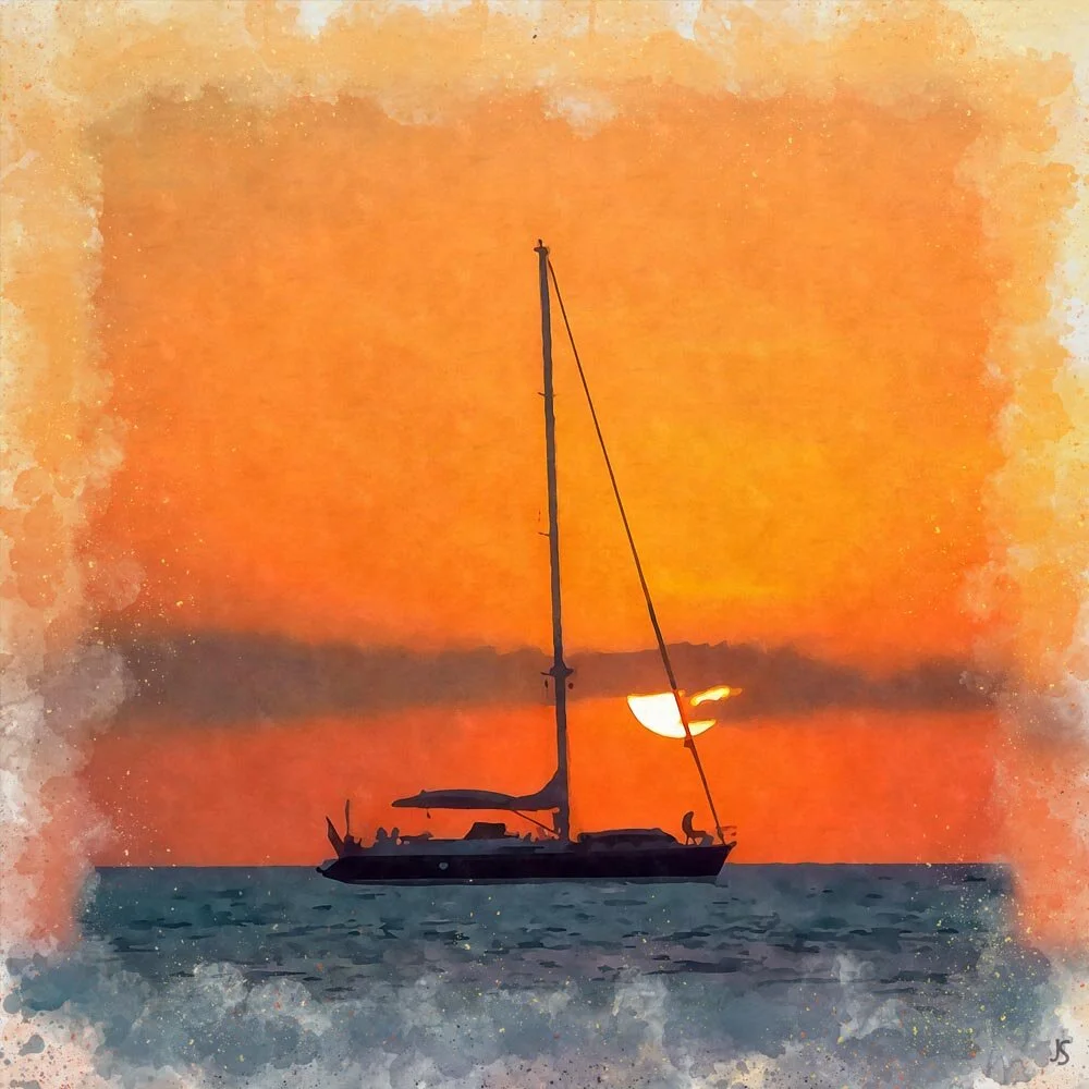 sailing yacht on the ocean at sunset abstract figurative painting print
