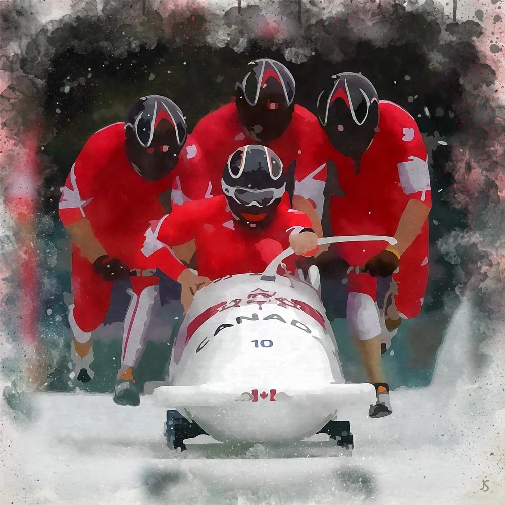 canadian bobsled team at the start abstract figurative painting print